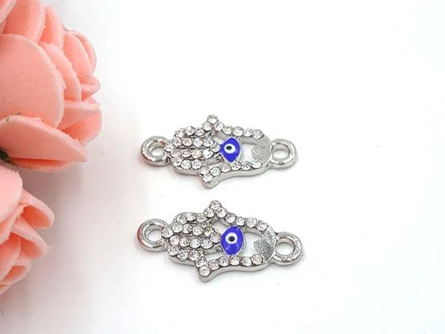 22.5*12mm azul conector mal de ojo HAMSA mano encanto Colgantes rhinestone Conectores accesorios pendientes 20 unids/lote b0026