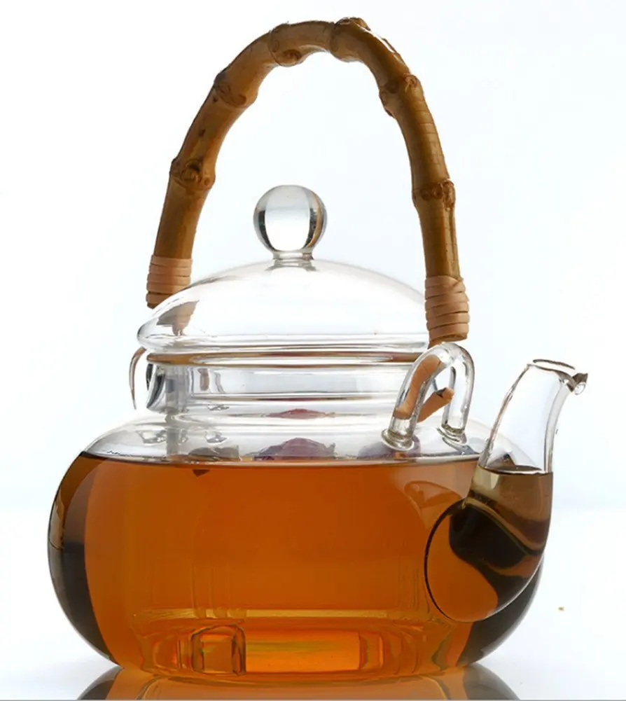 Heat resistant Glass Teapot with Filter Flower Tea Pot bamboo handle