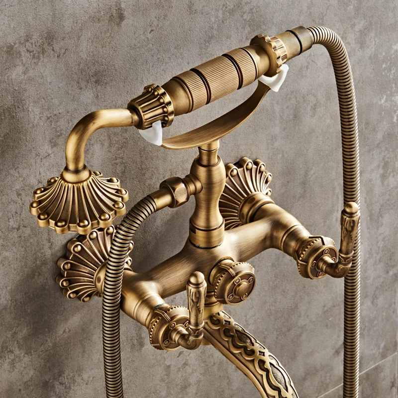 Antique Brass Bathroom Faucet Mixer Tap Wall Mounted Hand Held Shower Head Kit Shower Faucet Sets XT334