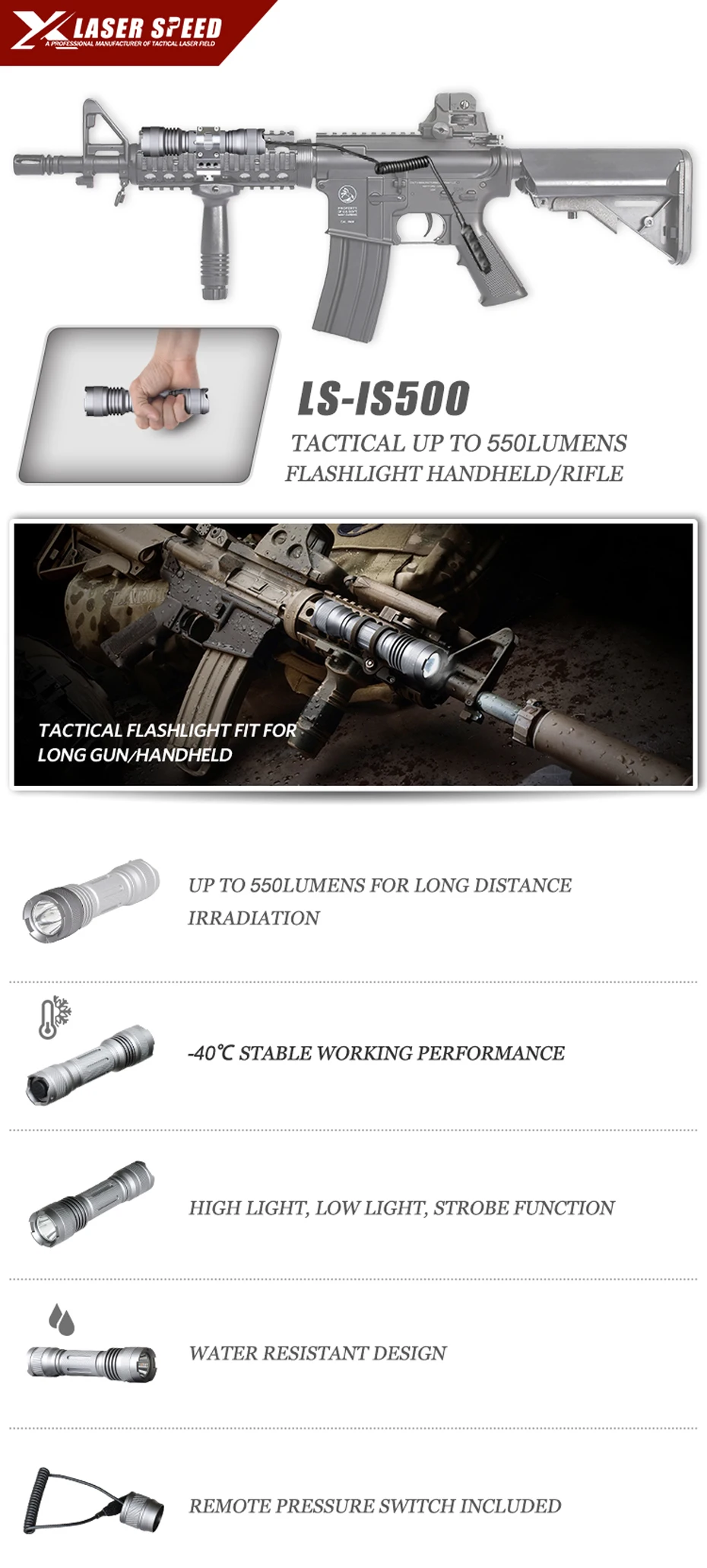 Laserspeed тактический фонарь для оружия охотничьего ружья светодиодный 550lm Водонепроницаемость тактический фонарь Fit длинноствольное