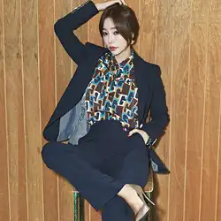2019 осенне-зимний темно-синий Корейский lSlim пиджак в деловом стиле + штаны, комплект из 2 предметов, Женский офисный жакет с разрезом, брюки