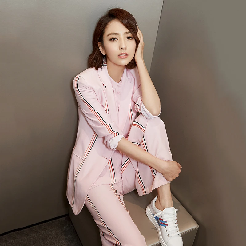 

2019 Spring Summer Brand New Women Casual Suit Set OL Stripe Pink Blazer + Stand Collar Shirt + Wide Leg Pant 3 Pieces Set Y207