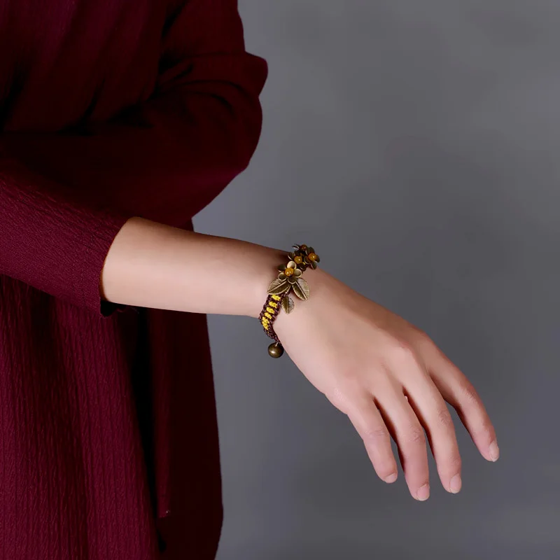 Ethnic bangle bracelet for women bronze flower yellow stone copper bell wrap chain vintage jewelry fashion 2017 new arrival