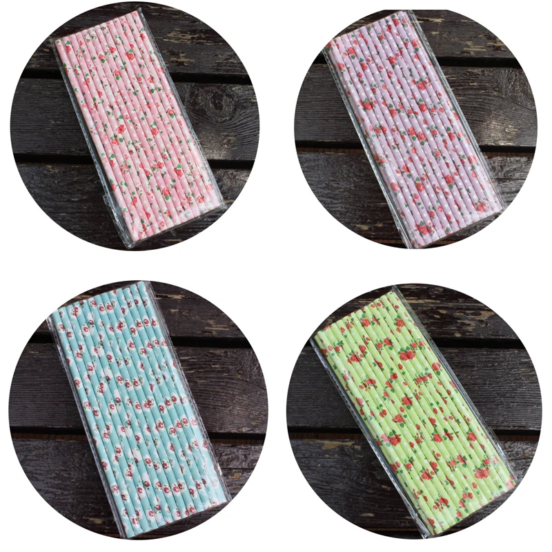 25pcs/lot Vintage Retro Floral Paper Straws Biodegradable Drinking Straws Christmas Wedding Decoration Rose Straws