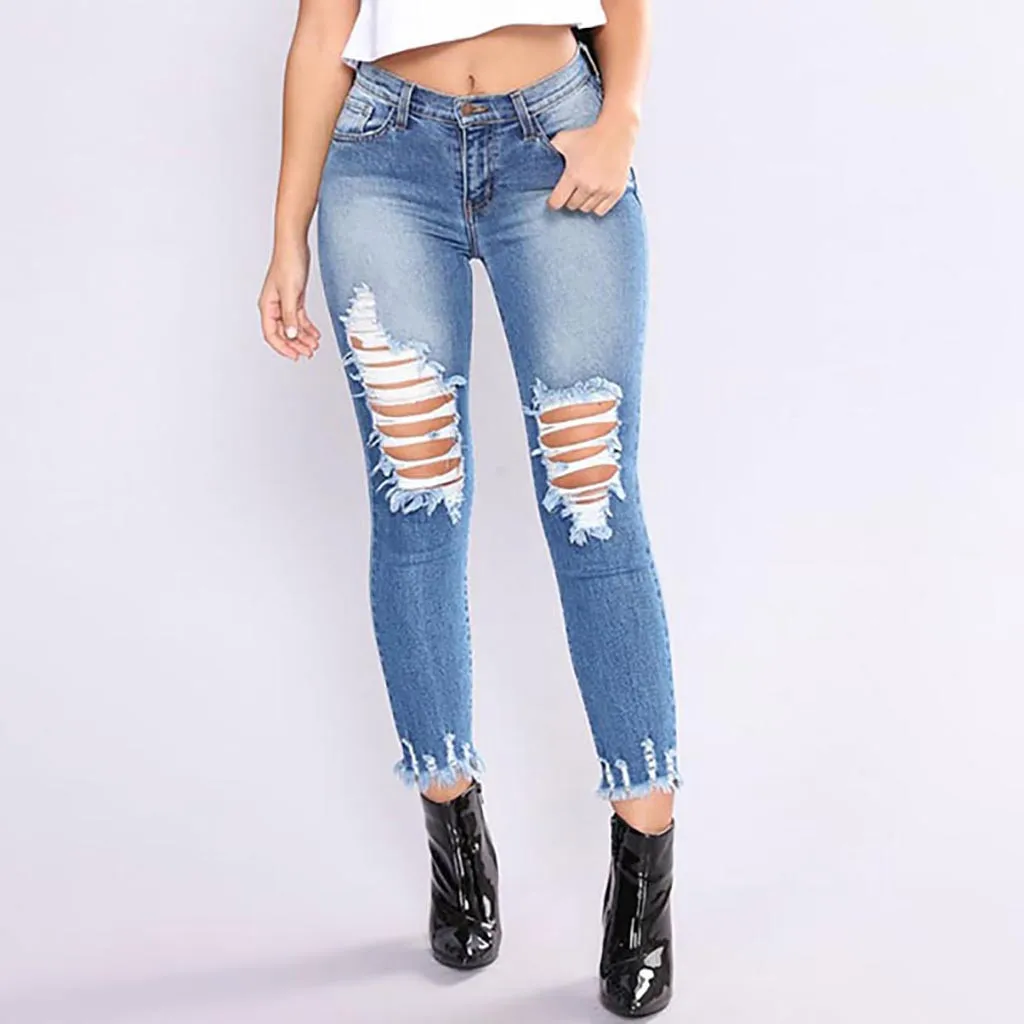 

2019 New Blue Jeans Pancil Pants Women High Waist Slim Hole Ripped Denim Jeans Casual Stretch Skiny Trousers Jeans Apr24