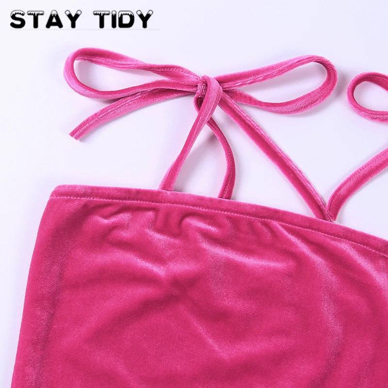 STAY TIDY сексуальный Бархатный комплект из 2 предметов укороченный топ со шнуровкой