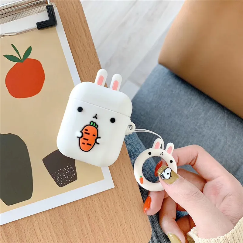 Чехол для AirPods с милым мультяшным кроликом лягушка, свинья, медведь, чехол для наушников s для Apple Airpods 2, чехол с кольцом на палец - Color: rabbit
