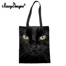 NoisyDesigns, Женская Холщовая Сумка, сумка для покупок, черная, с рисунком кота, многоразовая, складная сумка на плечо для девушек, леди, тоут, Хлопковая Сумка-тоут