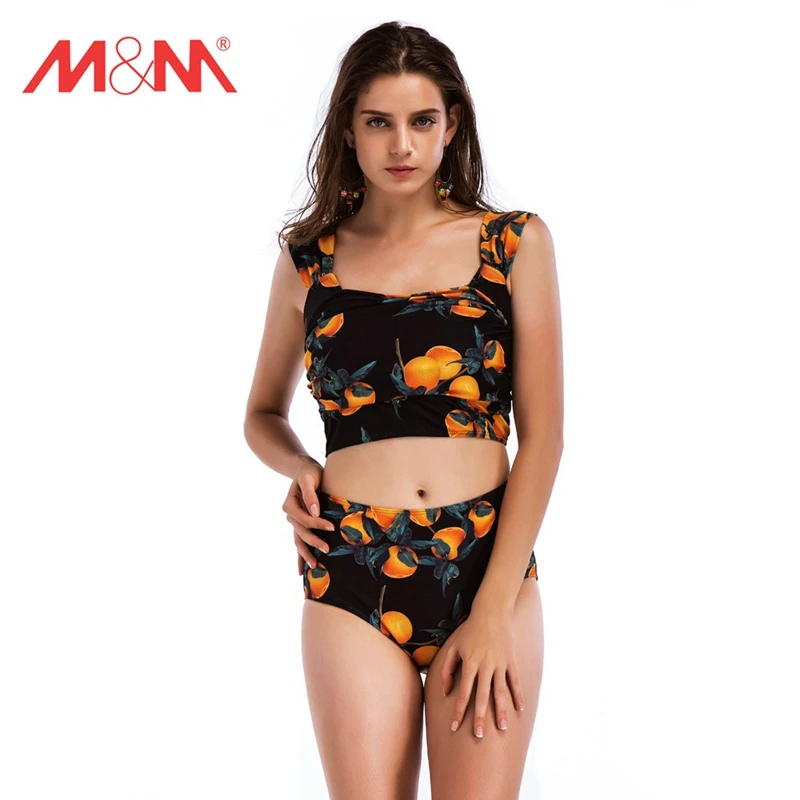M&M 2018 New Sexy Black Bikinis Women Swimwear Solid High Waisted Bikinis Set Plus Size Swimwear Bathing Suit Biquini Swimsuit plus-size-black-swimsuit