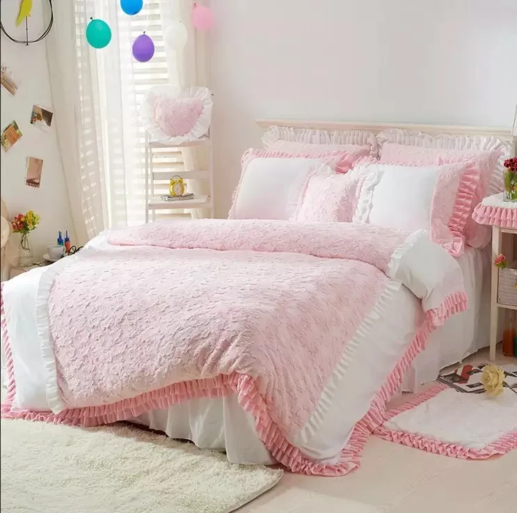 

Winter warm super soft PINK WHITE camel thermal flannel coralfleece Bedding 4pcs set King Queen size Princess Duvet cover pillow