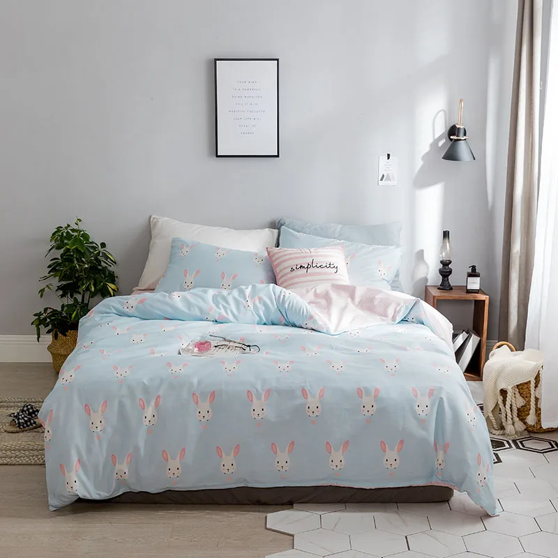 

Bedding Sets Cotton Luxury Bed Linen Cartoon Pink White Rabbit Pattern Bedding Set 3/4pcs Winter King Queen Without Comforter