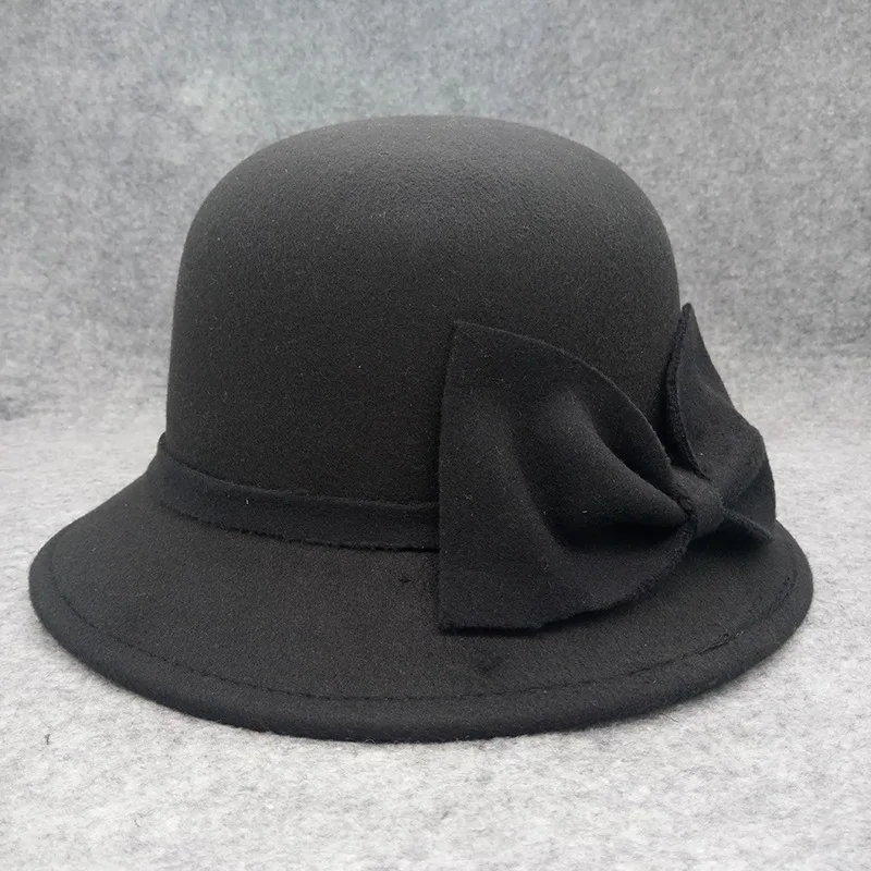Простая шерстяная фетровая шляпа осень зима для женщин Дамская мода шляпы с бантом женская шляпа-котелок из Трилби - Цвет: Black2