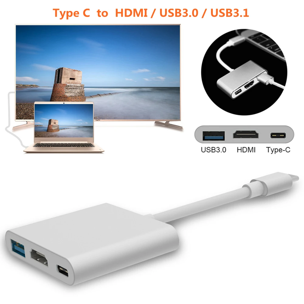 3 в 1 концентратор USB 3.1 Тип C к HDMI USB3.0 USB-C адаптер конвертер кабель Поддержка UHD 4 К Ultra HD 1080 P 3D для Apple MacBook Pixel