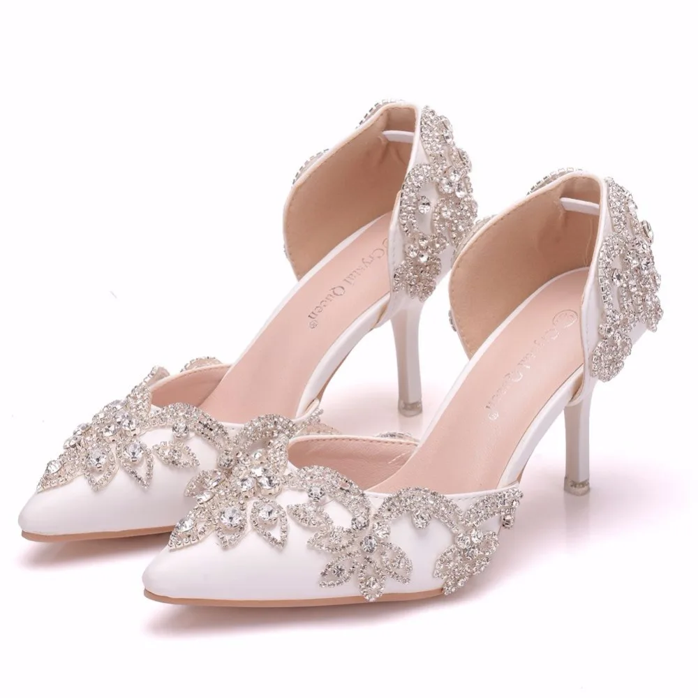 Элегантные босоножки из искусственной кожи на высоком каблуке 7 см с острым носком, украшенные стразами; свадебные туфли для невесты