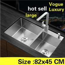 Квартиры Роскошные блюда 304 из нержавеющей стали большая кухонная ручная раковина двойной паз Горячая 820x450 мм