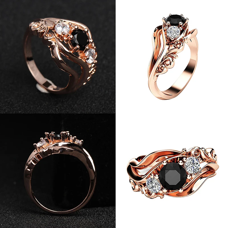 Mossovy Zircon Inlaid With Hollow Flower Rose Gold Wedding Rings for Women Black Rhinestone Engagement Ring for Female Jewelry
