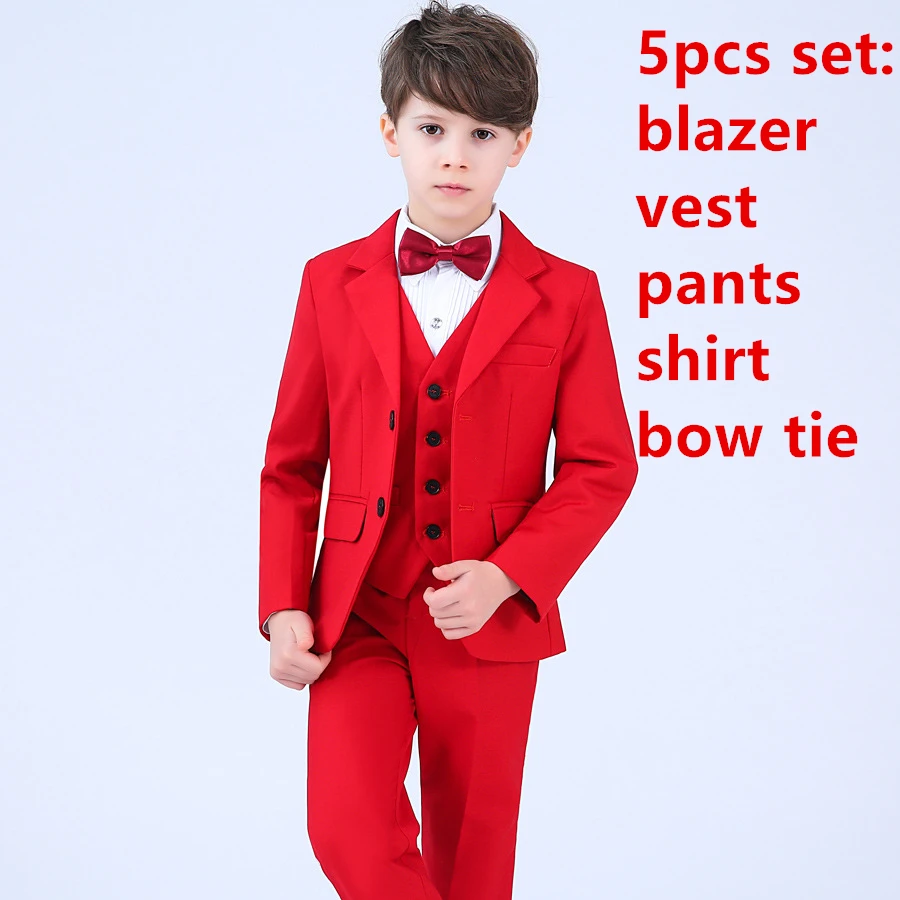 Детский костюм для свадьбы, комплекты для мальчиков с цветочным рисунком, Детские торжественные смокинги, наряды блейзер для мальчиков, жилет, рубашки, брюки комплект одежды с галстуком-бабочкой - Цвет: red blazer 5pcs