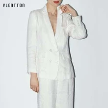 White Women's Pant Suit Double Breasted Notched Office Lady Blazer Jacket & Trouser Female Suits Long Sleeve 2 Piece Set Women