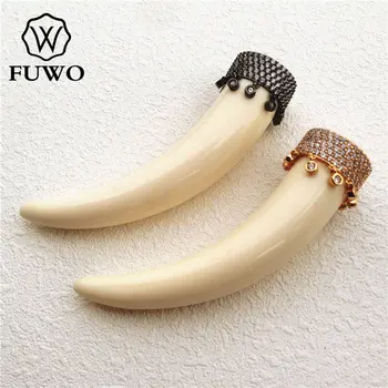 

FUWO Micro Pave Ox Bone Horn Pendant High Quality White Bone Carved DIY Jewelry Necklace Making Supplies PD1013