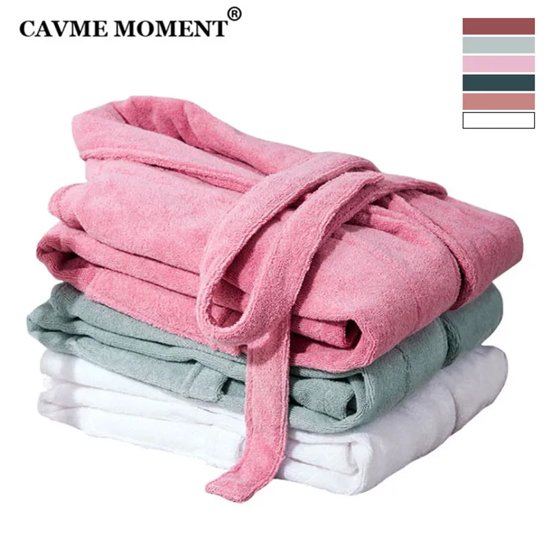 

CAVME 2019 5 Stars Hotel Combed Cotton Bathrobe Terry Robe for Women Men's Bathrobes Plus Size Long Robes Pure Color Nightgown