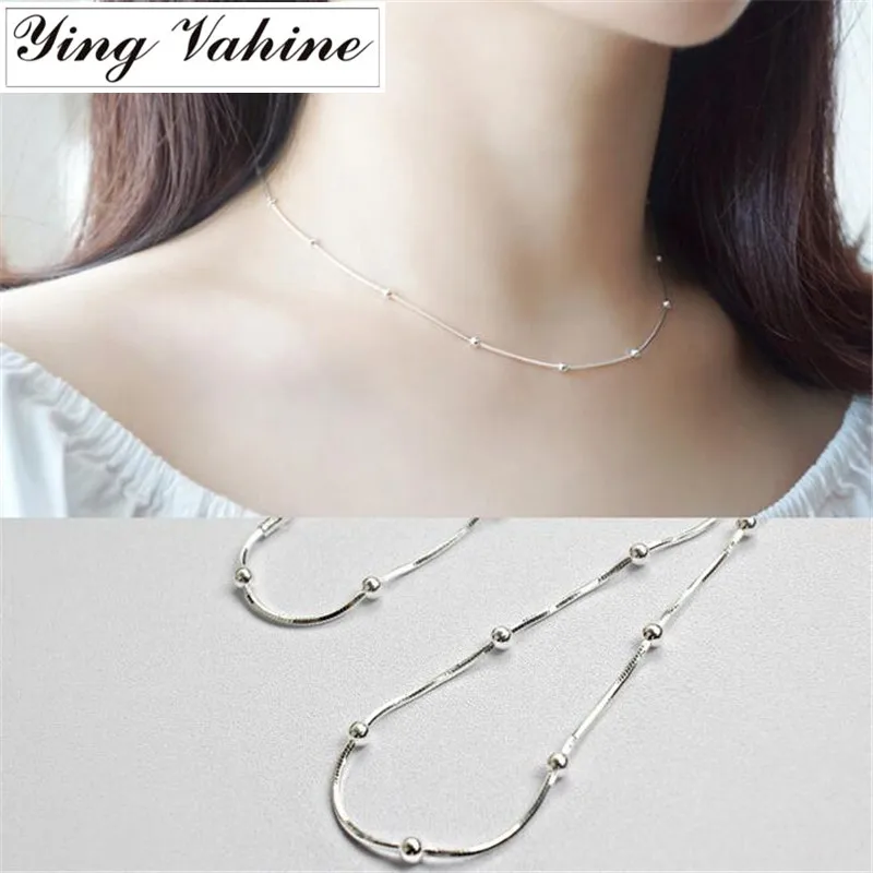 

ying Vahine 925 Sterling Silver Jewelry Round Beads Snake Chain Necklace for Women collares mujer