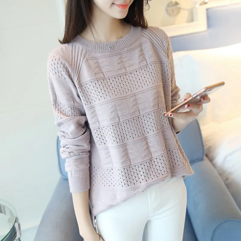 2019 Spring Autumn Korean Style New Women Clothing Loose Slim Solid Color Sweate Long Sleeve Hollowed Out Knitted Sweater QH436 | Женская