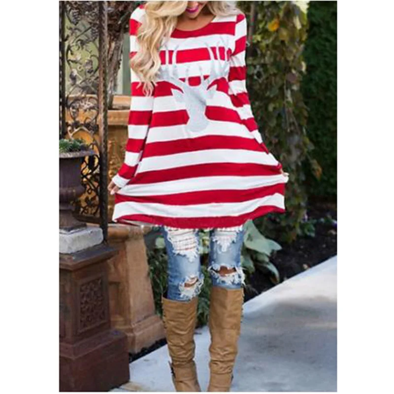 

2019 New Long Sleeve Red Whites Striped T Shirts Printed DEER Christmas T Shirt For Women Tops Long Blusas Tee Shirts XXXL