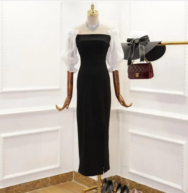 

2018 Summer New Fashion Women Hit Color Spliced Puff Sleeve Beading High Waist Slim Split Ankle-length Formal Dress