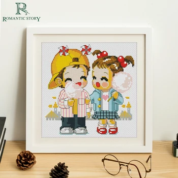 

Romantic Story Portrait Pattern for Cartoon Cute Boy and Girl Cross Stitch Set by Starter Kits Beginners Needlework Embroidery