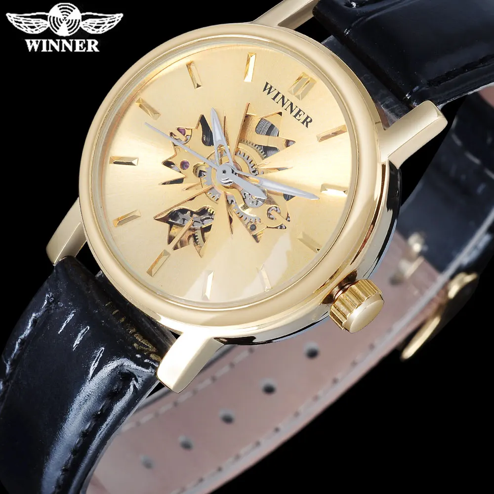 Часы скелетоны женские прозрачные золотистые на кожаном ремешке|leather band|leather