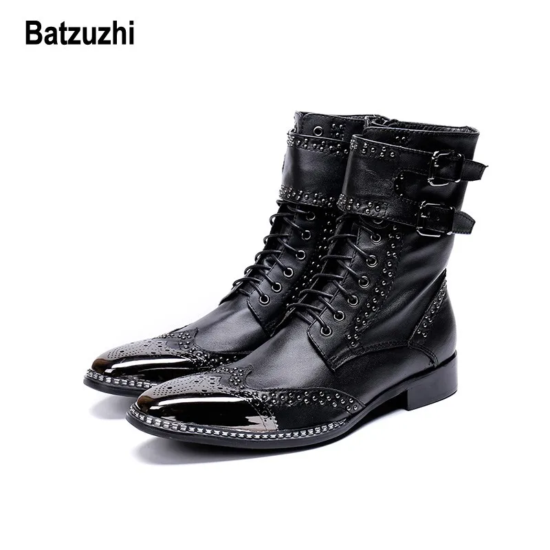 Batzuzhi Фирменная Новинка Мужская обувь с острым металлическим наконечником рыцарские сапоги для мужчин zapatos de hombre Черный Натуральная