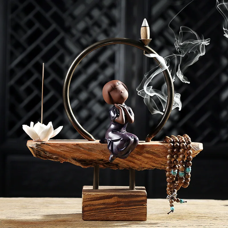 Творческий домашний декор прекрасный керамический монах обратного потока ладан горелка лотоса палочка ладан деревянная основа Искусство декоративные рождественские подарки