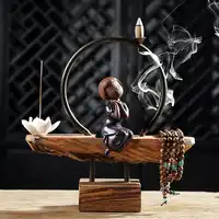 Creative Home Decor Lovely Ceramic Monk Backflow Incense Burner Lotus Stick Incense Wooden Base Art Decorative Christmas Gifts