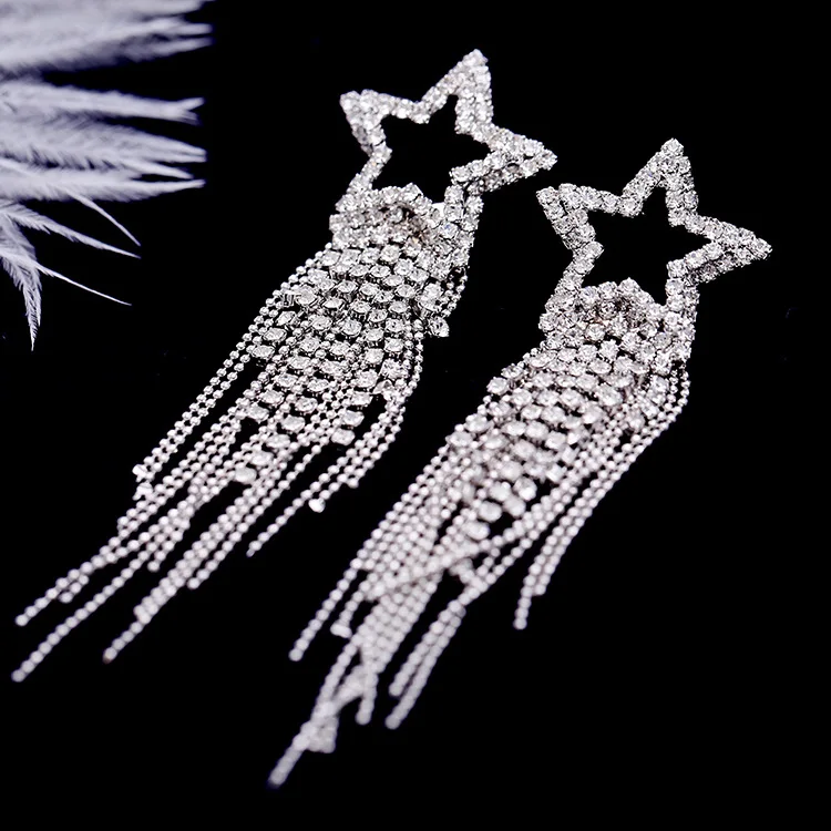 Стразы, звезда, кисточки, серьги-подвески серебряные золотистые серьги с кристаллами для женщин, модное ювелирное изделие, свадебные висячие серьги, аксессуары