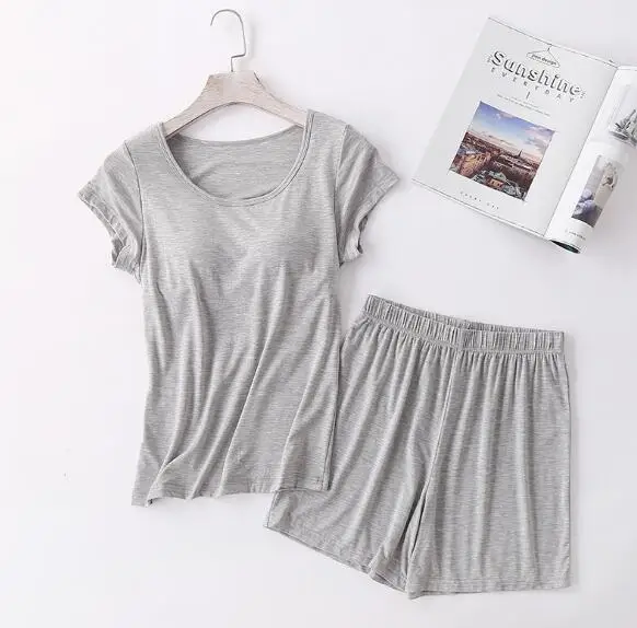 Fdfklak, летняя Пижама для женщин, короткий рукав, хлопок, комплект одежды для сна, модал, мягкая женская пижама, наборы для отдыха, пижама, домашняя одежда - Цвет: gray