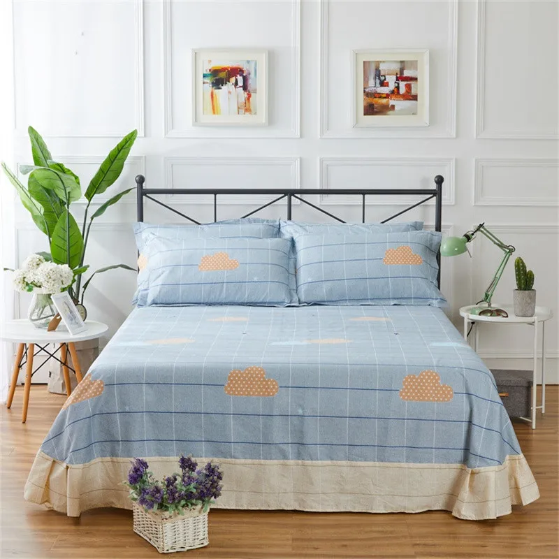 

Light Blue Plaid Small Fresh Yellow Cloud Pattern Sale Home Textile Cozy 100% Cotton 3Pcs Bed Sheets Flat Sheet 250x270cm Size