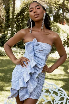 

HOLOGRAPHIC SILVER SEQUIN STRAPLESS DRESS Vestidos Dress Bodycon Club Celebrity Party dress