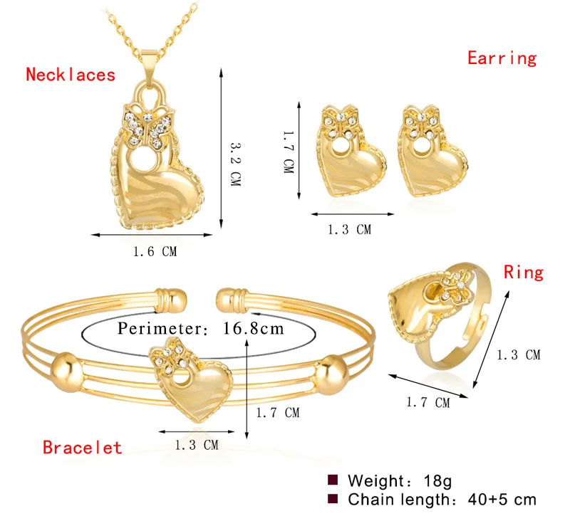 Милая любовь сердце полые ожерелье со стразами серьги кольцо браслет свадебные для женщин девочек детские модные ювелирные наборы - Окраска металла: 15A Size as Picture
