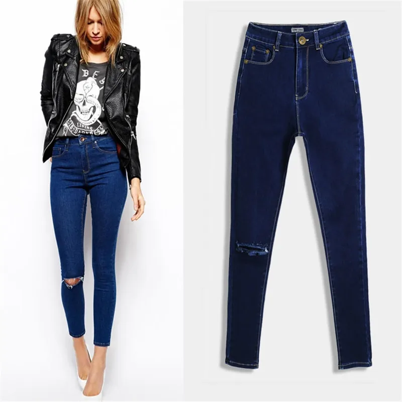 Women Fashion Design Hole Jeans Women Casual Slim Pants Ladies trousers large yards 2017 New Stretch
