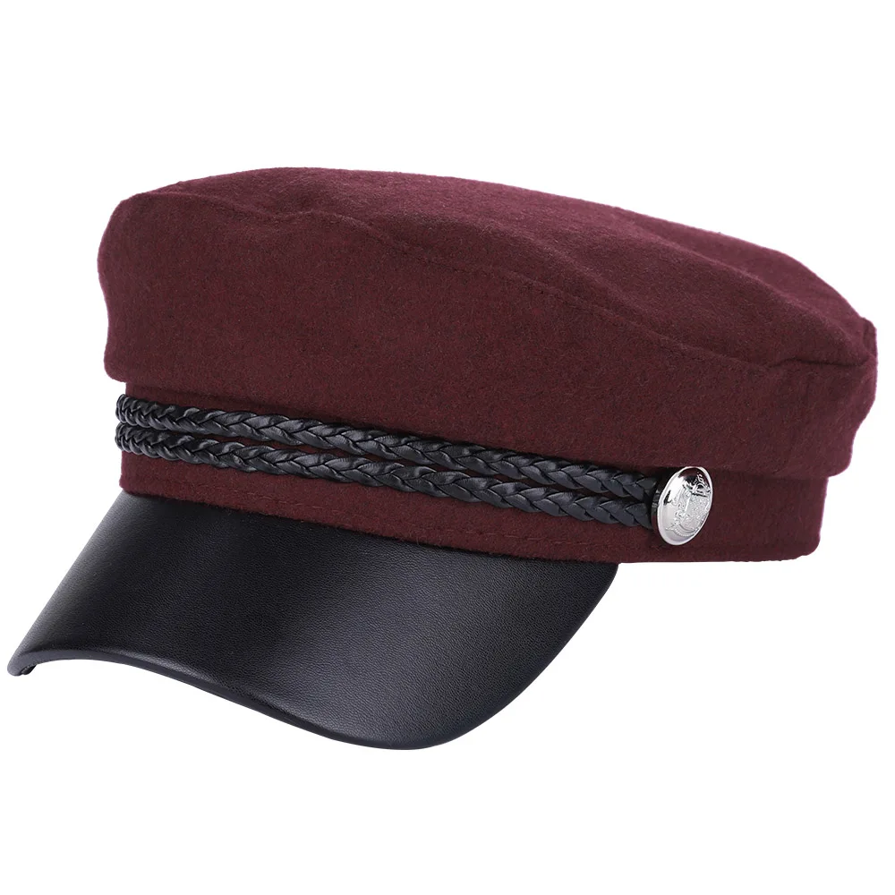 WELROG, военные шапки, женский берет, Осень-зима, восьмиугольная шапка, одноцветная шапка, стильная, художница, живописец, газетчик, кепка, s, черный, серый, берет, шапки - Color: red wine