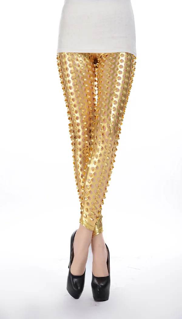 gold FENNASI, модные женские леггинсы с дырками, женские готические, панк-рок, металлические, яркие, с дырками, блестящие, сексуальные леггинсы - Color: gold