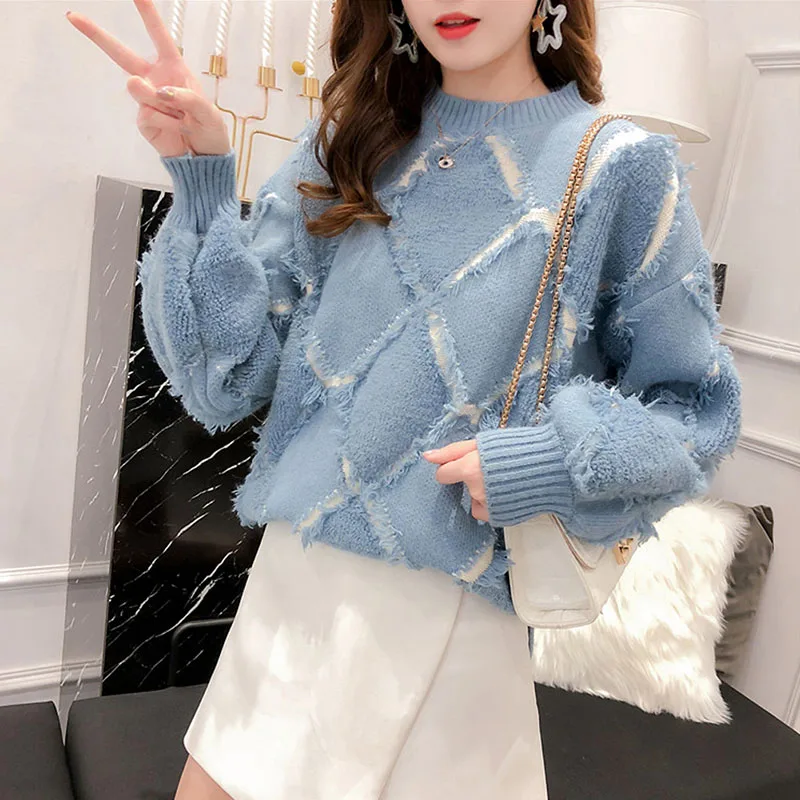Direcly2018 new elegant women's winter temperament loose fashion knit sweater goddess autumn blouse pullover sweater women - Цвет: blue