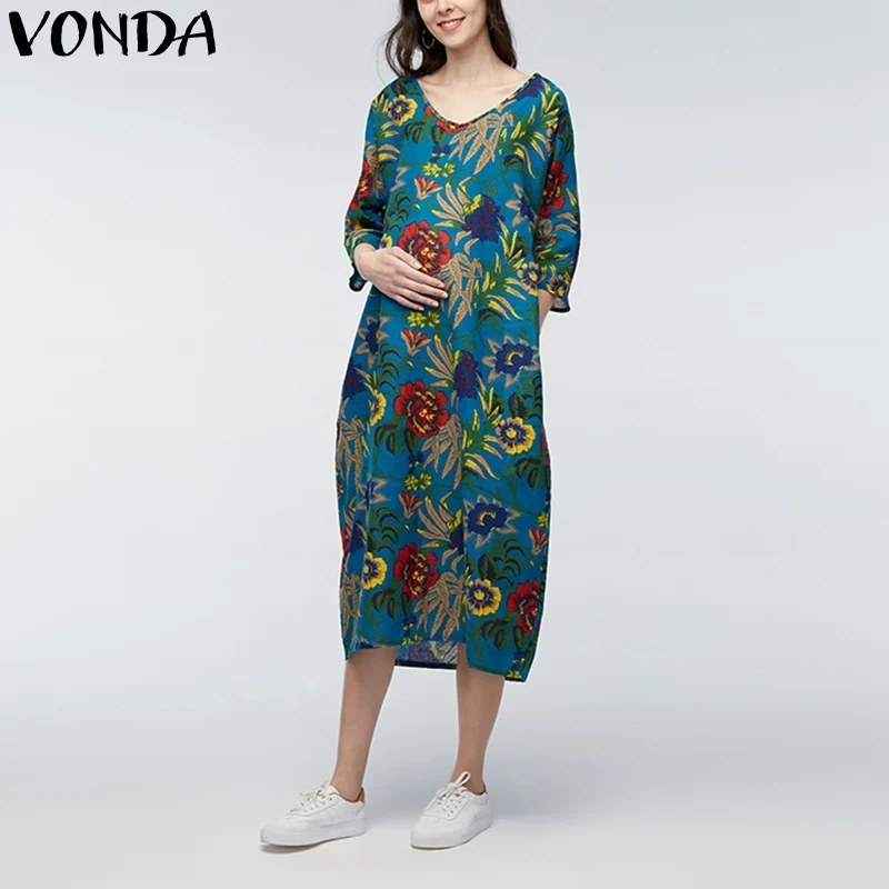 VONDA Одежда для беременных женщин летний Повседневный свободный с принтом хлопковое платье халат мешковатая беременность Vestidos плюс размер