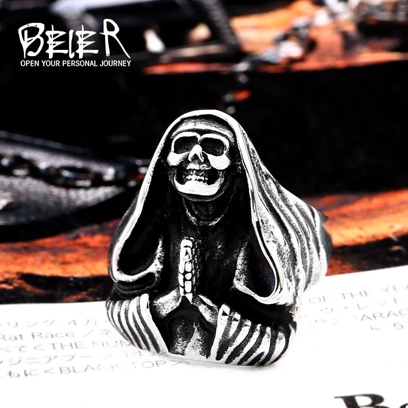 

Beier new store 316L Stainless Steel ring Nun Prayer Skull Ring Punk Rock Men's Ring High Quality Jewelry LLBR8-583R