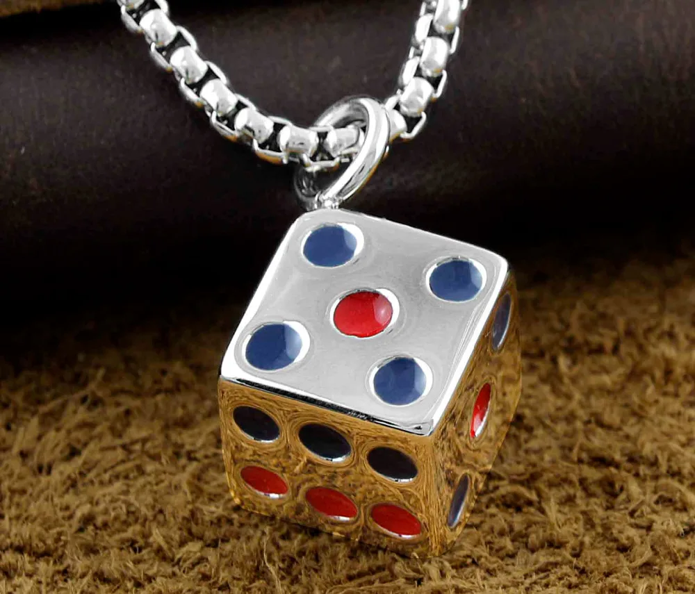 Men's Unisex Stainless Steel Silver Lucky Dice Chain Pendant Necklace Chainchain pendantchain