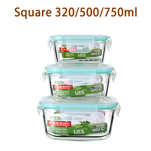 Свежая коробка набор боросиликатного стекла контейнер для еды Ланч-бокс Bento Microwavable свежее сохранение - Цвет: Square 3pcs set