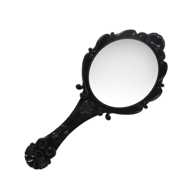 Декоративное ручное зеркало с ручкой с тиснением роза Дизайн Зеркало макияж инструмент - Цвет: Black