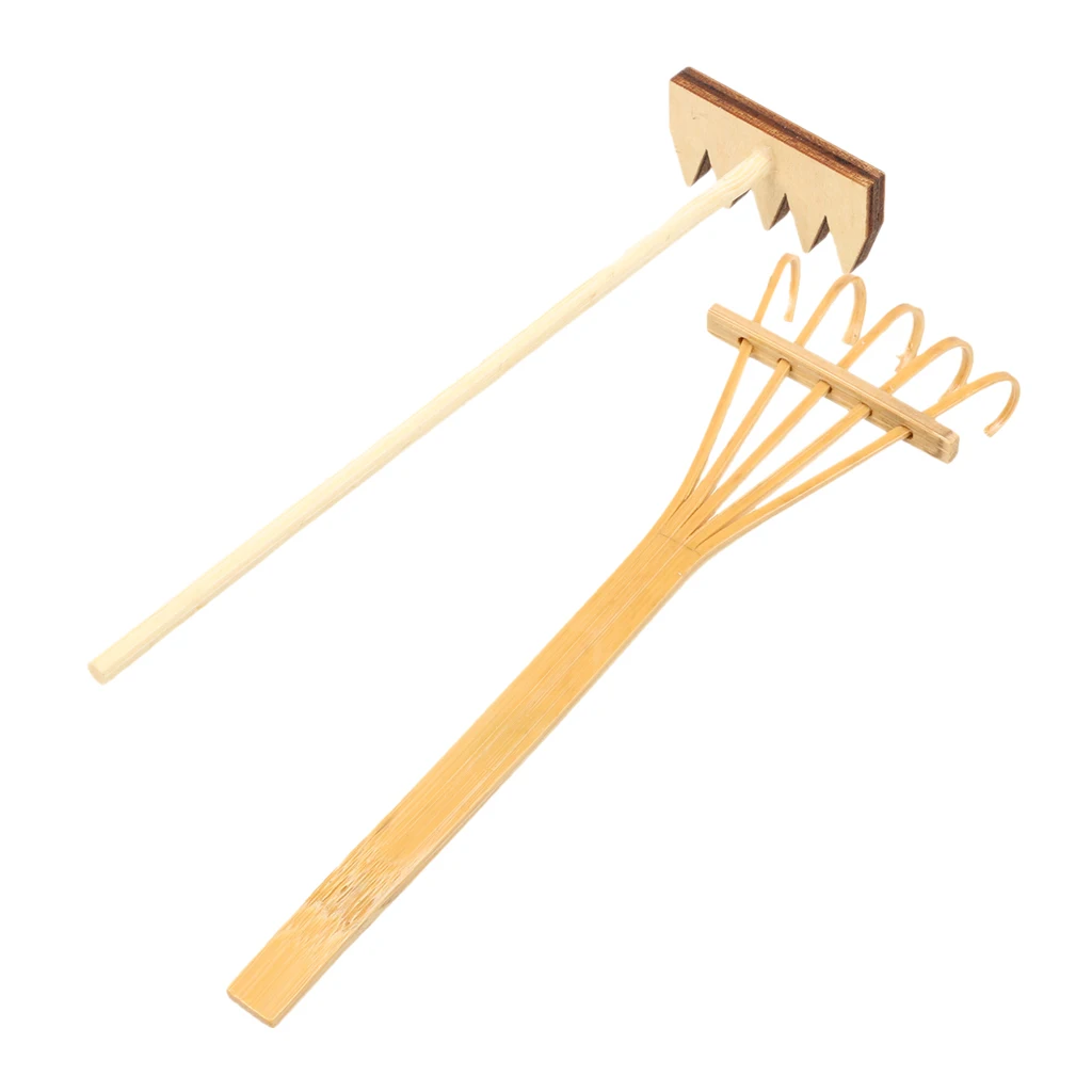 Set 2pcs Miniature Bamboo Rake for DOLLHOUSE Gardening Home Decoration