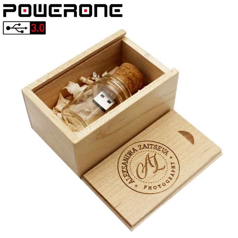 POWERONE USB 3,0 Дрифт Бутылка пробка+ деревянная коробка Флешка 4 ГБ 16 ГБ 32 ГБ 64 Гб карта памяти стеклянная бутылка пожеланий usb флэш-накопители подарок