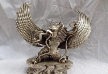 

song voge gem S2720 12" Folk Tibet Silver Buddhist Redpoll Winged Garuda Buddha Snake Brass Statue